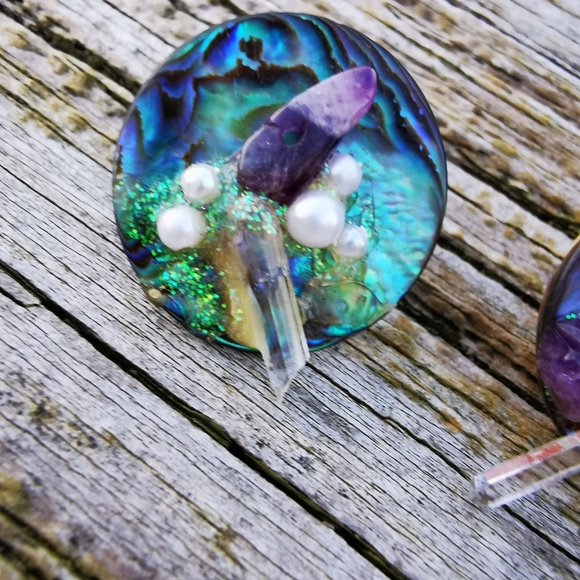 Handmade Abalone and Crystal Round Pierced Earrings - Picture 6 of 15